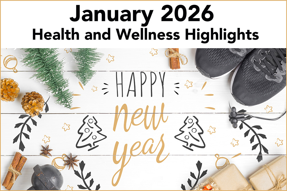 Festive New Year arrangement with health and fitness items.
