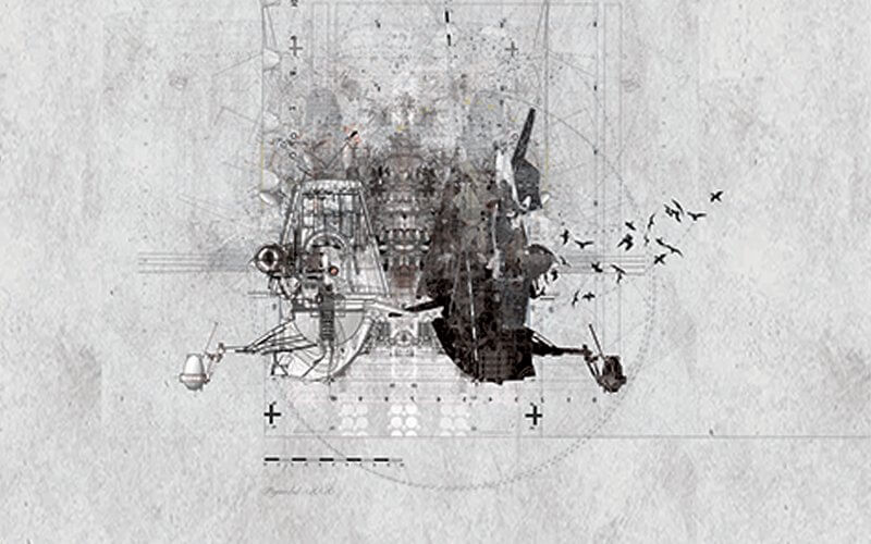 An architectural drawing titled "HyBird Theory 07," created by Bryan Cantley, professor of art