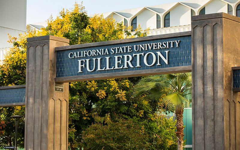 A closeup of the Titan Arch with California State University,Fullerton