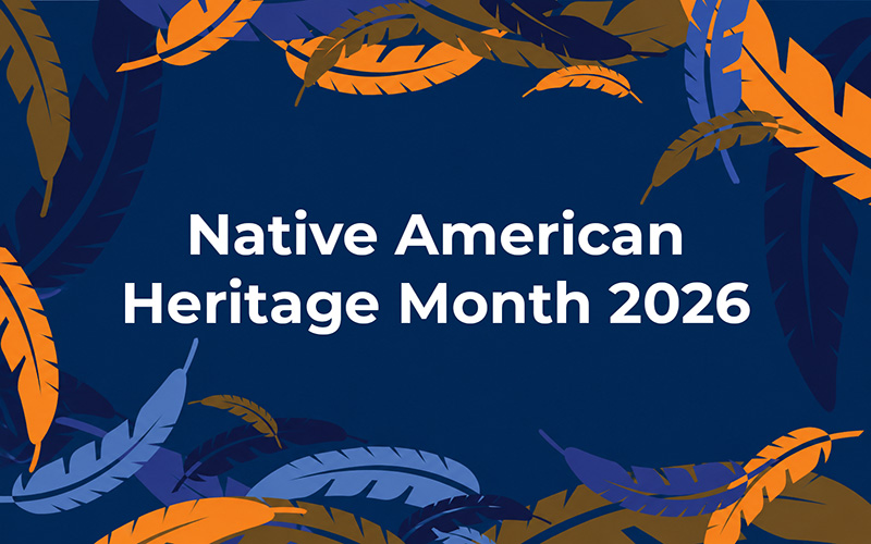 Graphic with blue and orange feathers framing the white text “Native American Heritage Month 2026.”