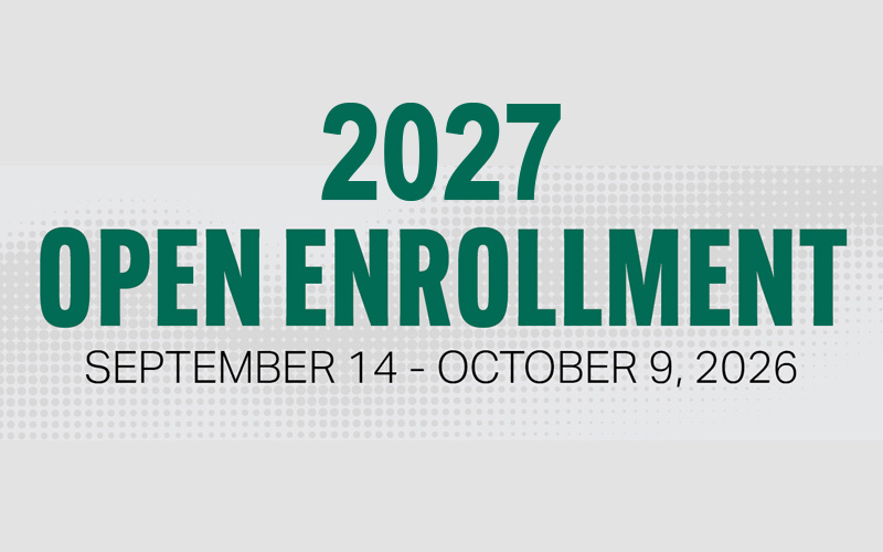 2027 Open Enrollment, September 14 - October 9, 2026 against a gray dotted background