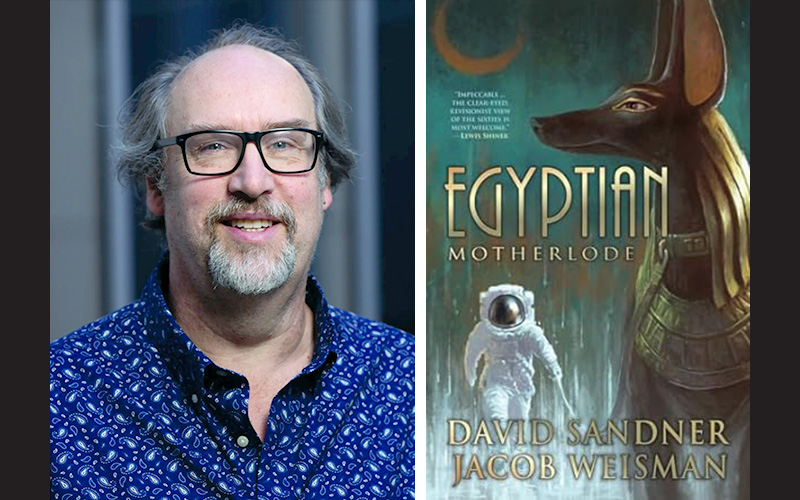 Portrait of Cal State Fullerton English professor David Sandner next to the book cover of “Egyptian Motherlode” featuring an astronaut and an Anubis figure.