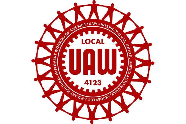 Cog with spokes made of people linking arms that says "Local UAW 4123" on it.