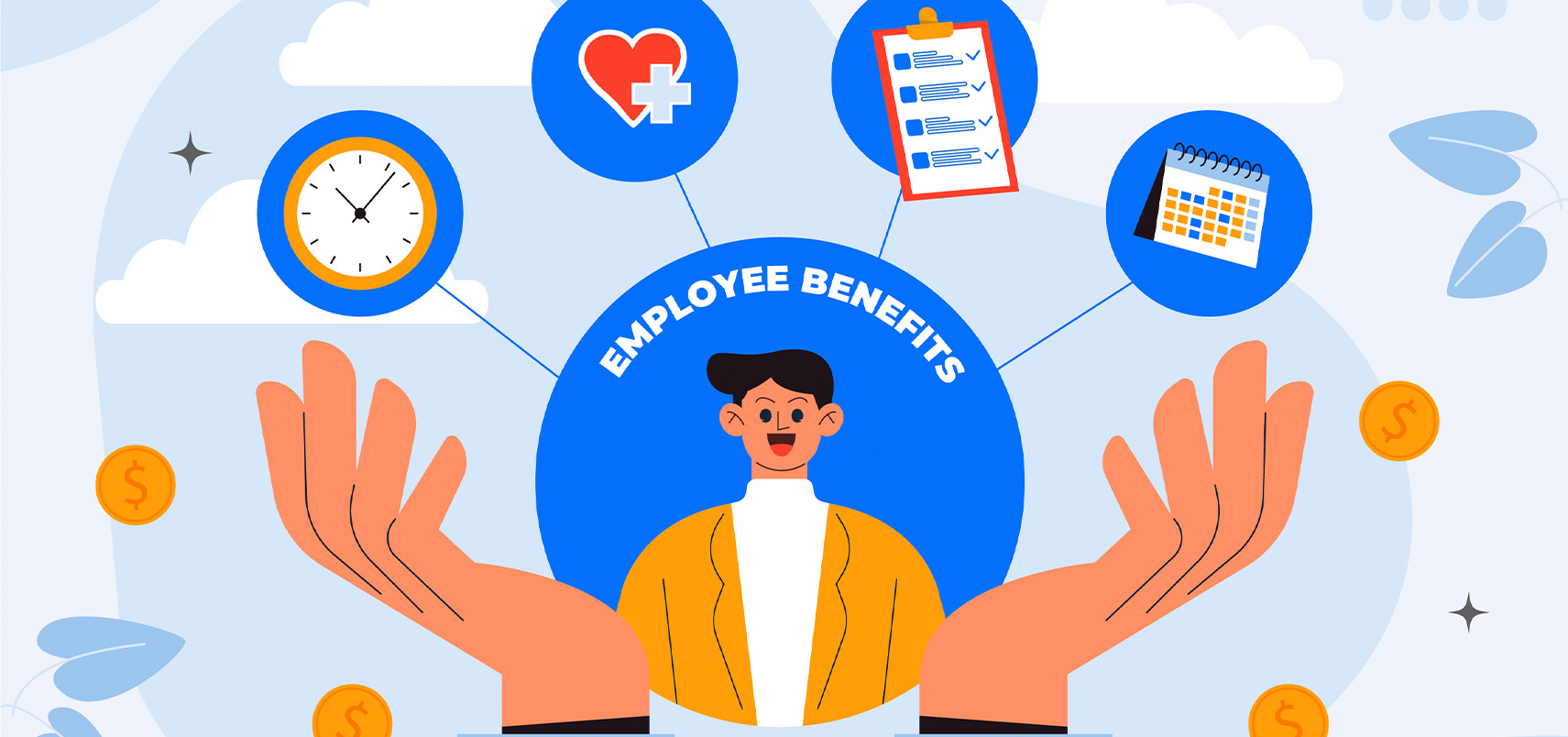 cartoon of an employee surrounded by different icons of their employee benefits