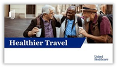 Three older adults walking together and smiling in an urban setting with a 'Healthier Travel' banner.