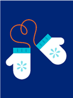 Clipart of white mittens with a light blue snowflake on a dark blue background
