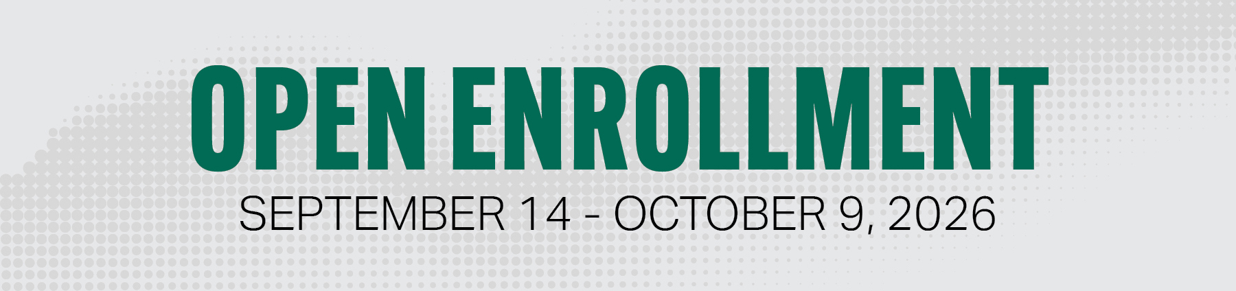 Banner announcing "Open Enrollment" with dates September 14 – October 9, 2026, on a textured light gray background.