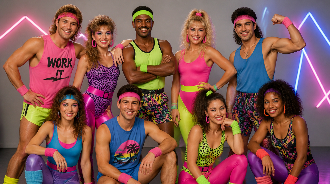 A group of 8 people with diverse ethnicities and gender wearing 1980s colorful neon workout gear.