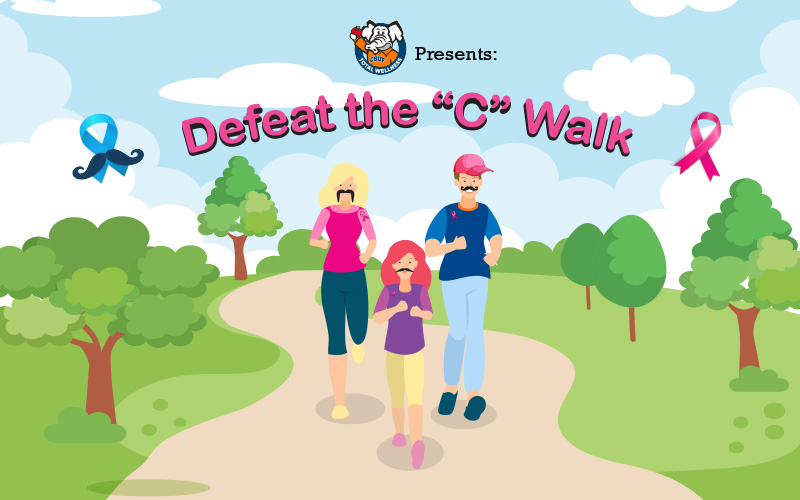 Illustration promoting the “Defeat the ‘C’ Walk,” showing three people walking on a park path between trees, with blue and pink awareness ribbons.  Transcribed Text:  Presents:  Defeat the “C” Walk