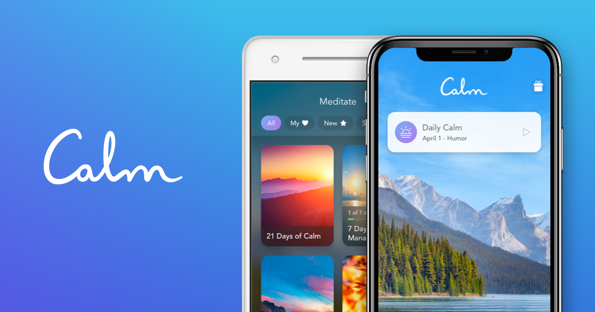 Two cell phone screens with scenic views and the "Calm" app.