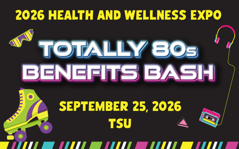 Event graphic for "Totally 80s Benefits Bash" featuring colorful 1980s-themed icons like a boombox, roller skates, and a guitar on a black background.