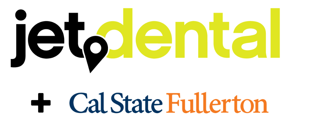 Jet Dental logo in black and green and Cal State Fullerton logo in Navy Blue and Orange
