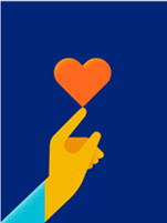 A hand holding a red heart on a blue background.