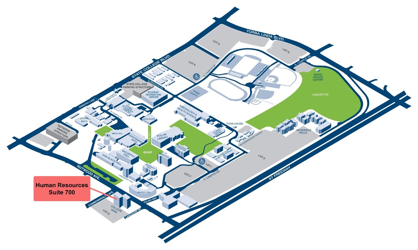 Map of CSUF campus arrow pointing to suite 700 on south side of campus