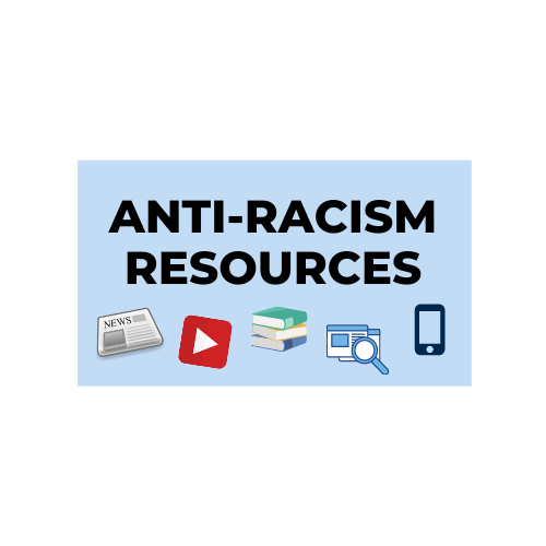 anti-racism resources and a newspaper, youtube, books, search, and phone icons
