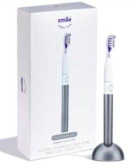 An electric toothbrush standing upright
