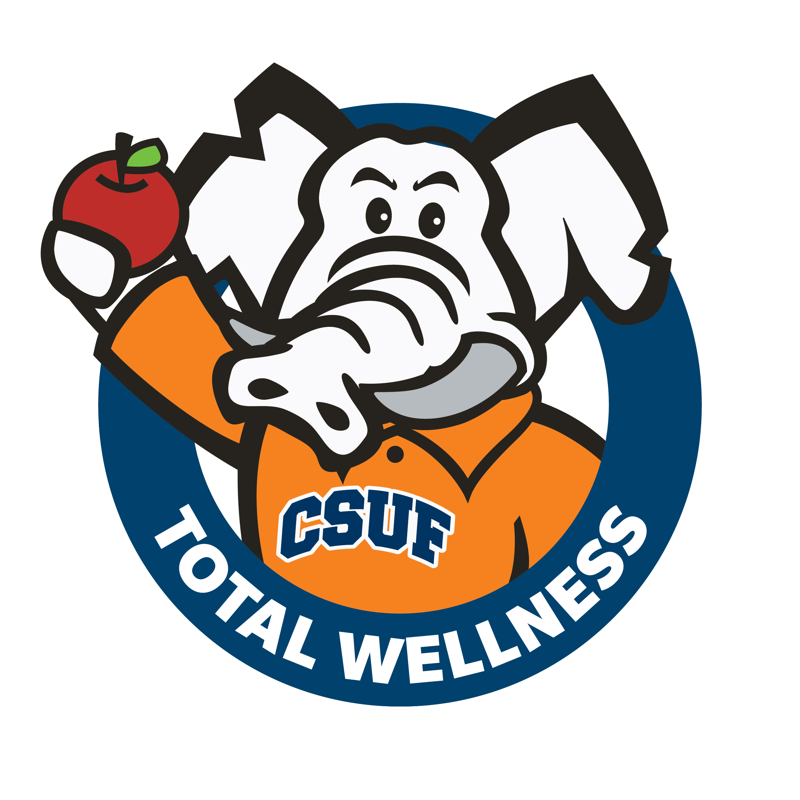 Tuffy holding an apple with a banner tilted Total Wellness.
