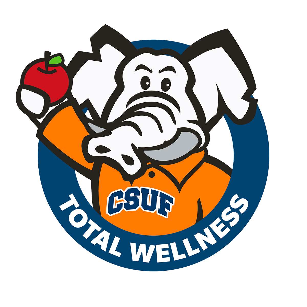 Tuffy holding an apple with a banner tilted Total Wellness.